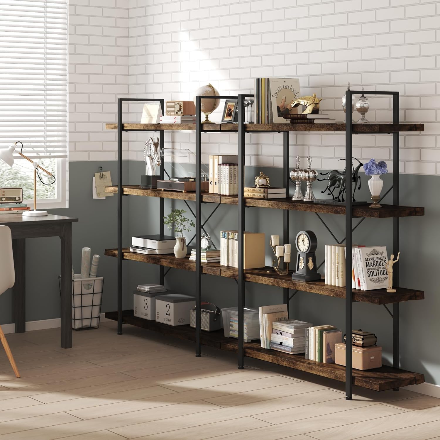 Heavy Duty 4-Tier Industrial Bookcase, 47" Wide Wood Bookshelf for Home Office, 120lbs Shelf Capacity, Rustic Open Shelving Display with Reinforced Horizontal Shelf for Living Room Bedroom