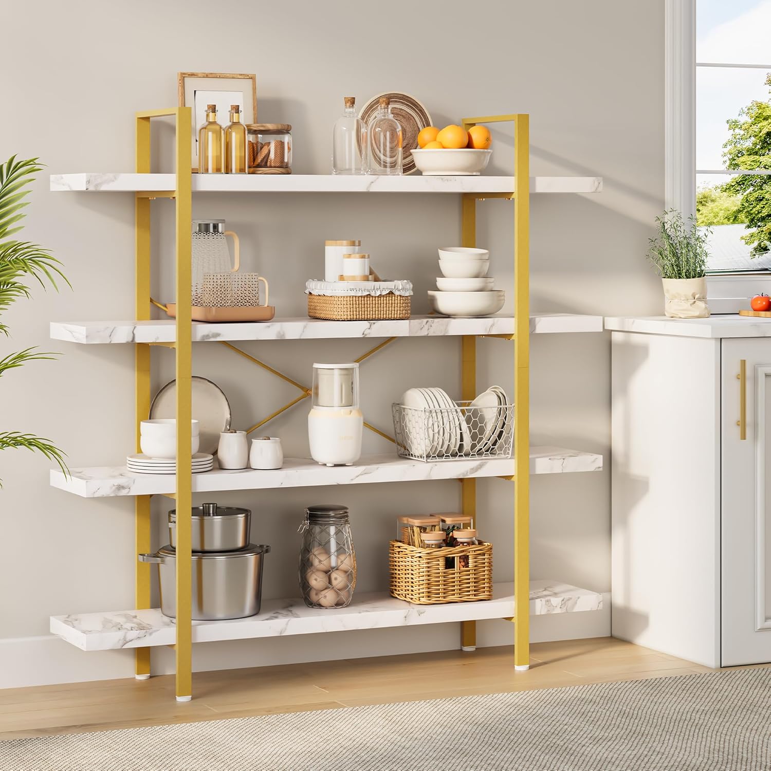 Heavy Duty 4-Tier Industrial Bookcase, 47" Wide Wood Bookshelf for Home Office, 120lbs Shelf Capacity, Shelving Display with Reinforced Horizontal Shelf for Living Room Bedroom,White