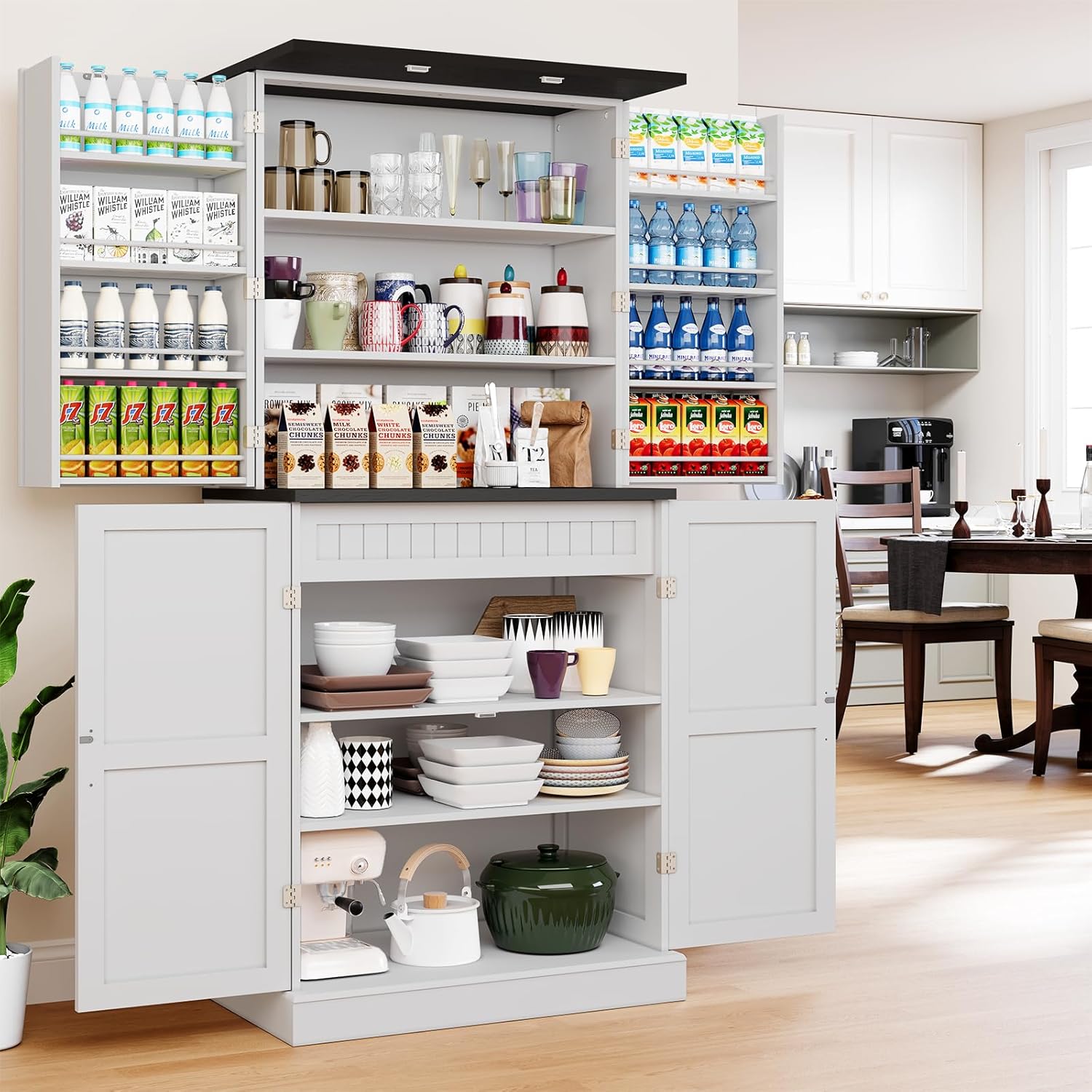 72" Tall Pantry Cabinet, 31.5" W Larger Farmhouse Kitchen Pantry Cabinet with Barn Doors, Hidden Drawer and 4 Shelves, Wood Versatile Storage Cabinet for Kitchen, Dining Room, Living Room