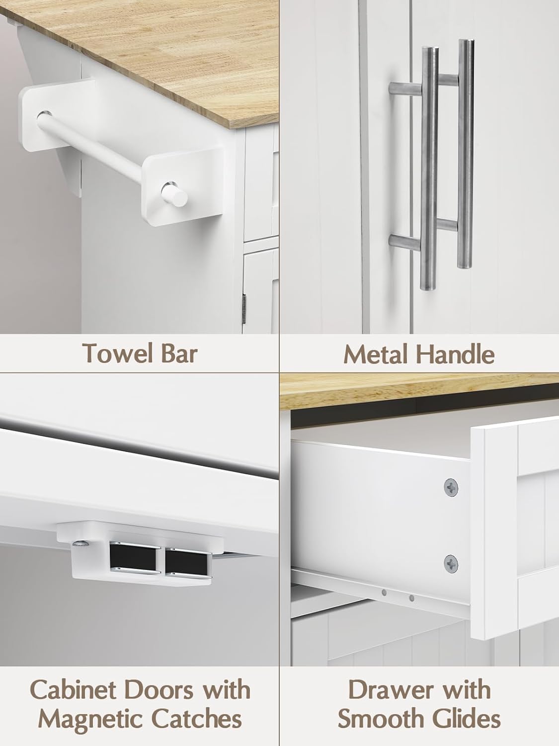 Kitchen Island with Storage, 31.5" D Rolling Kitchen Island Cart on Wheels with Widen Drop Leaf Rubberwood Top, Large Mobile Kitchen Islands with Trash Can Storage and Towel Bar, White