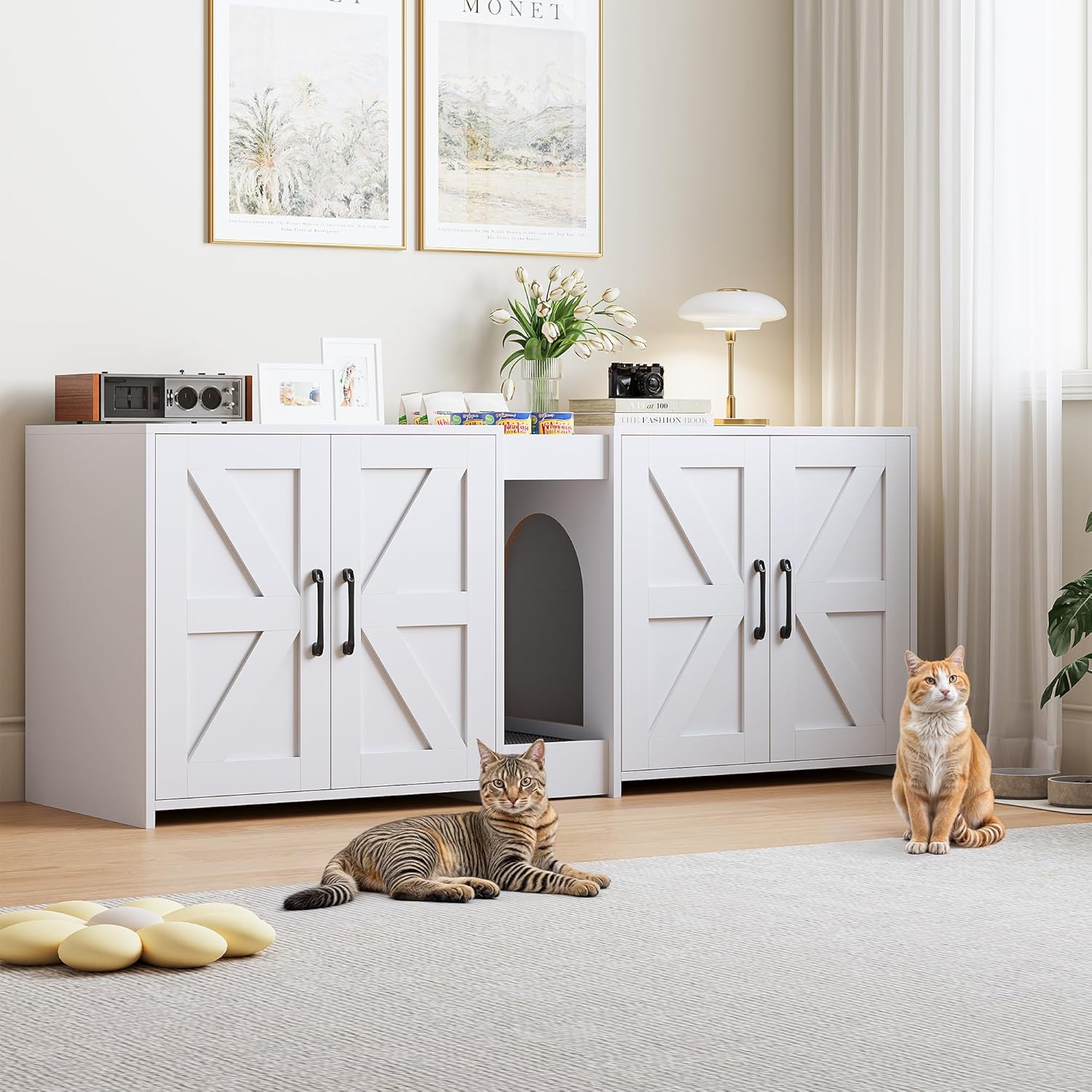 Litter Box Enclosure for 2 Cats, Hidden Litter Box Furniture with Double Rooms, Cat Bed, PVC Pad and Scratch Pad, White