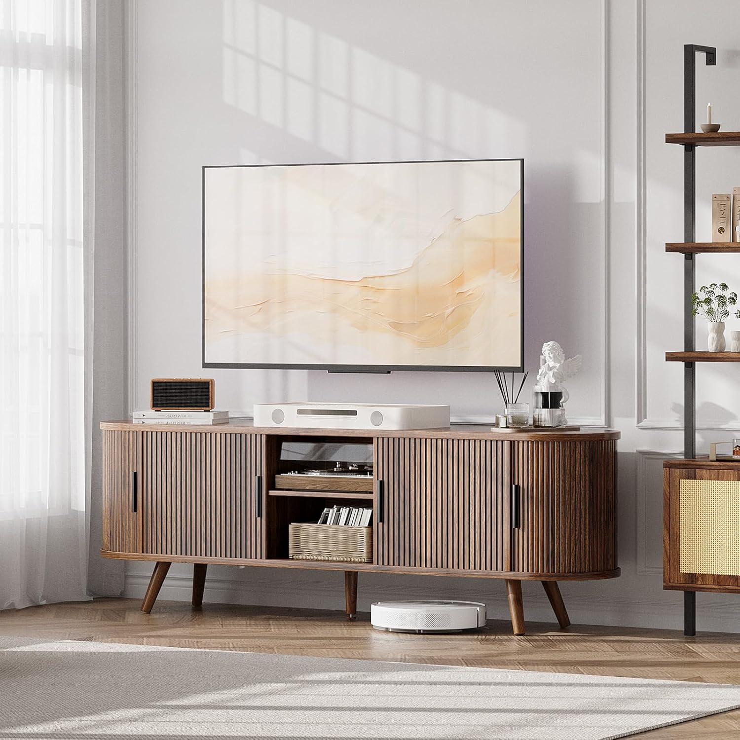 62" Fluted TV Stand, Mid Century Modern TV Stand for TVs up to 70", Entertainment Center with Storage, Sliding Doors, Adjustable Shelf, Wood Media Console for Living Room, Bedroom, Walnut