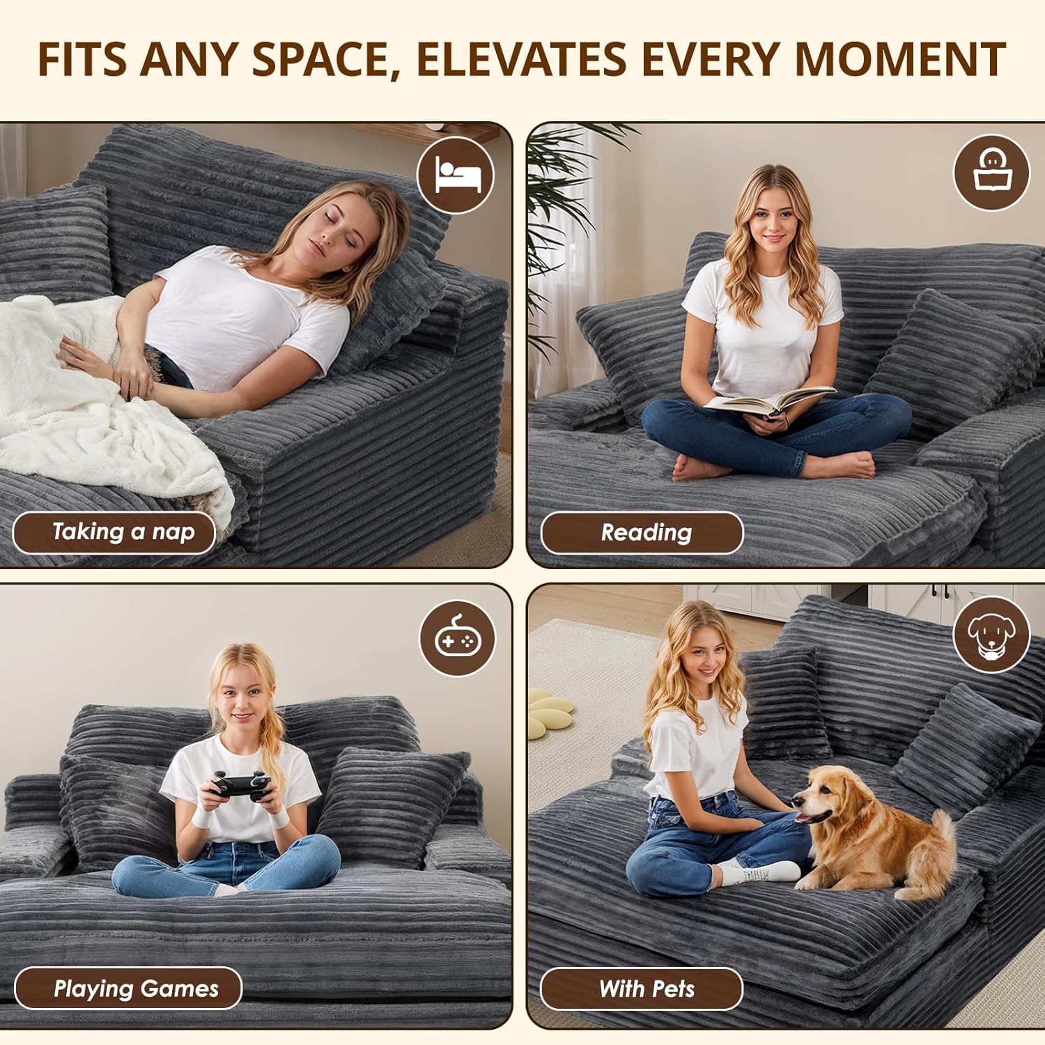 Oversized Chaise Lounge Chair, 57.5'' Deep Seat with 6'' Thick Cushion, Upholstered Sleeper Sofa with Pillows, Comfy Lounge Chair for Tall Adults, Living Room or Bedroom(Grey)