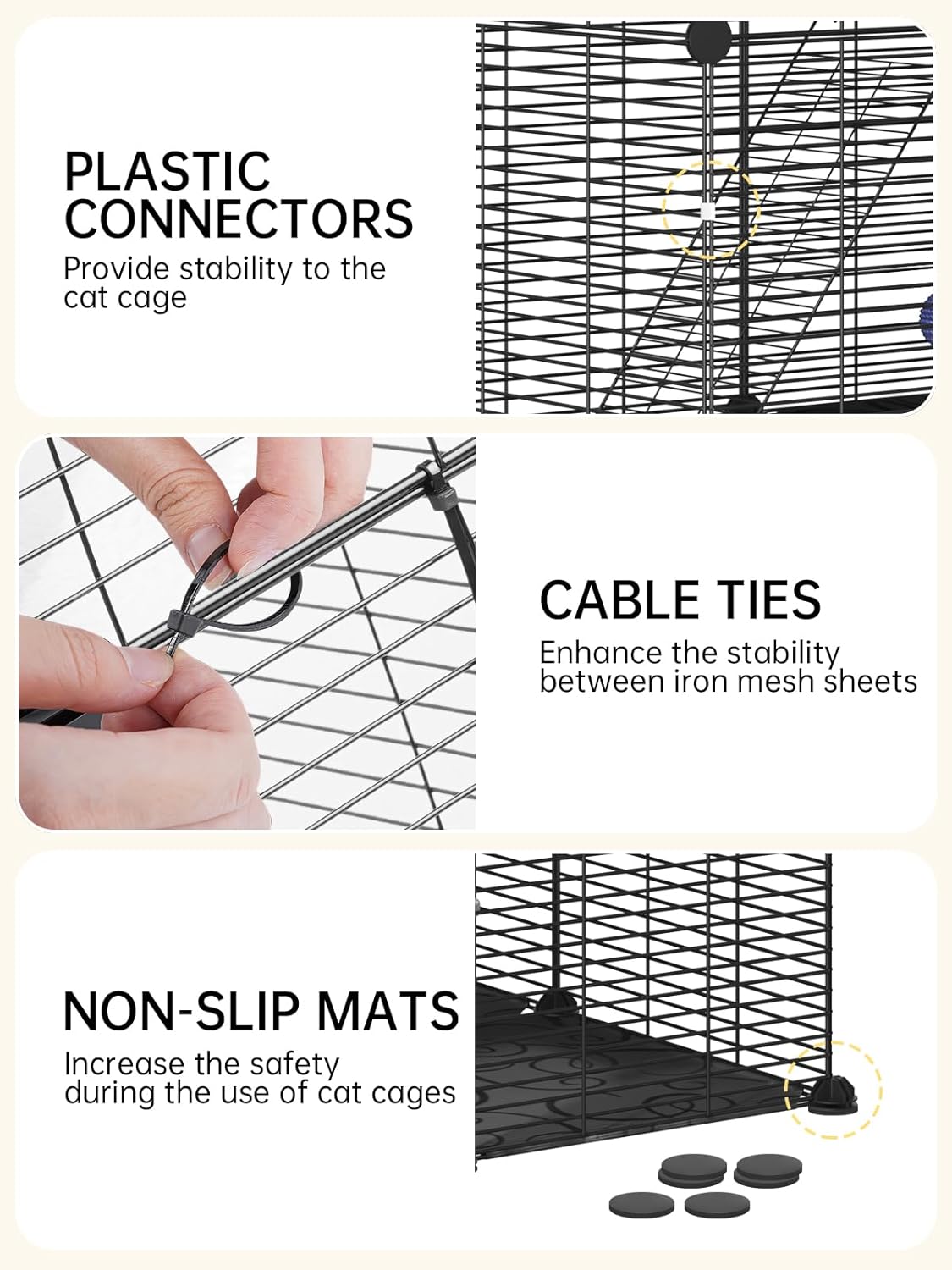 Cat Cages Indoor, 3 Tier Cat Enclosure, Cat Cage with Toy Ball and Cat Hammock for 2-3 Cats