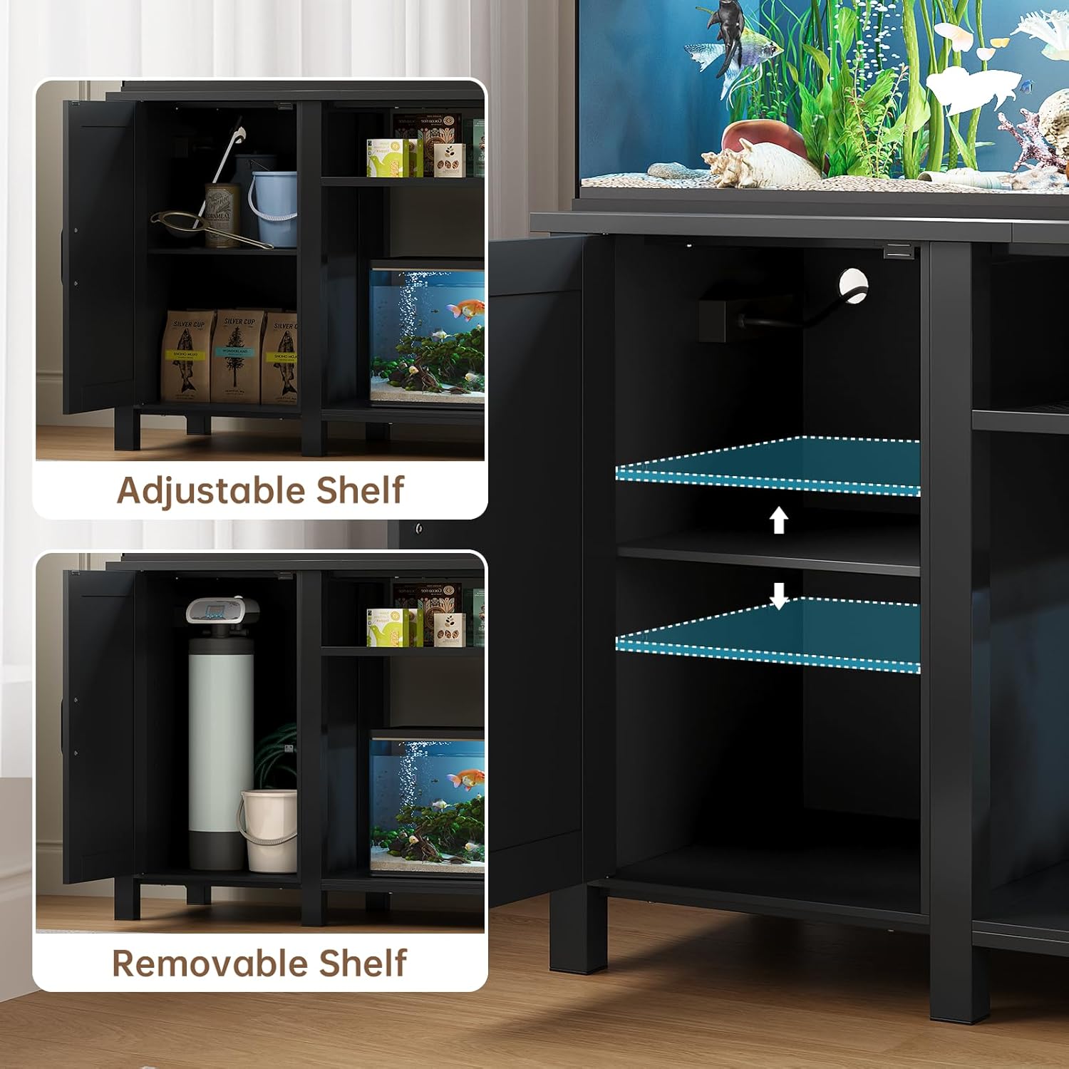 55-75 Gallon Fish Tank Stand with Power Outlet & Adjustable Shelf, Heavy Duty Aquarium Stand with Cabinet Storage for Fish Tank, Turtle Tank, Reptile Terrarium, 1000LBS Capacity, Black