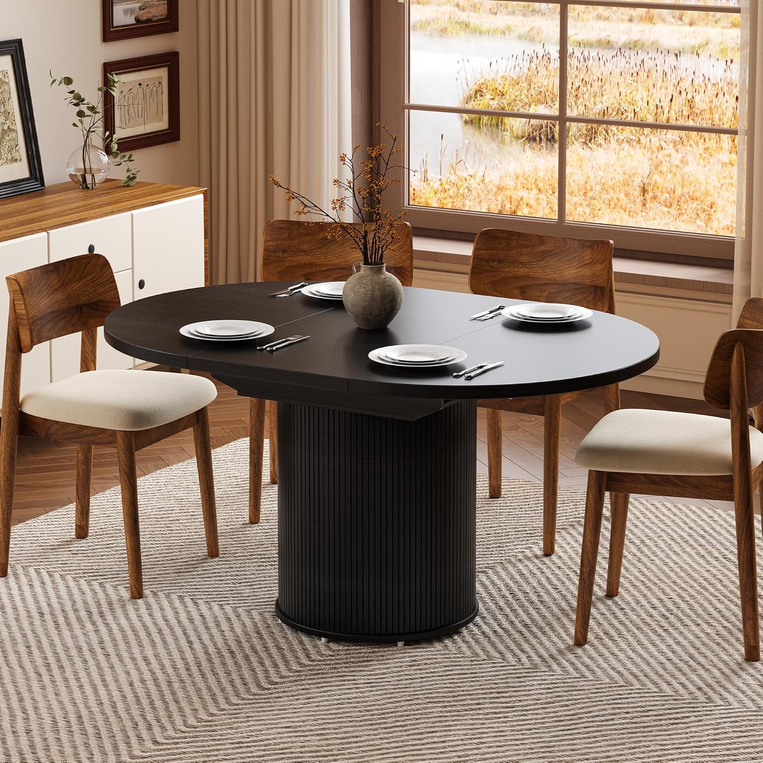 Extendable Dining Room Table Round Dining Table for 4 6 8, 43"-59" Modern Wood Kitchen Table with Removable Leaves Extendable Dinner Tables|Living Room|Small Space