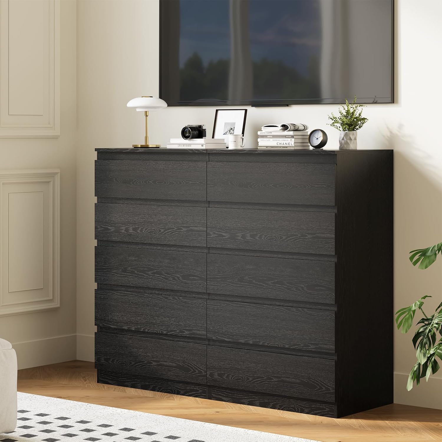 Black Wood Dresser for Bedroom, 5 Drawer for Clothes Storage, Modern Dresser with Wide Drawers, Wide Wooden Chest Drawers for Living Room, Entryway, TV Stand