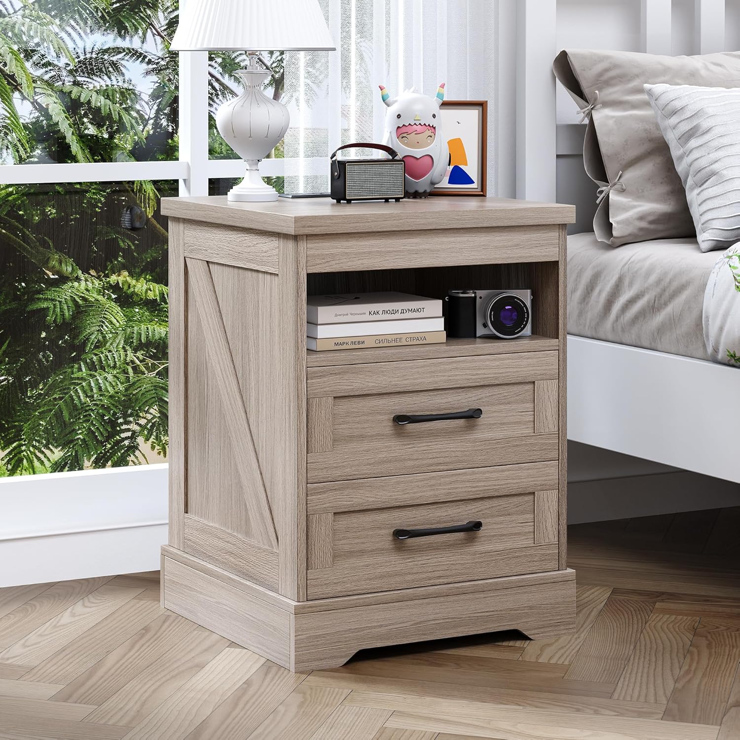 Farmhouse Nightstand with LED Lights and Built-in Power Outlets & USB Ports, Bedside Table with 2 Drawers and Open Storage Shelf, End Table for Bedroom, Grey