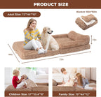 72" Foldable Human Dog Bed for Adults, Fluffy Faux Fur with Blanket, Orthopedic Washable Dog Bed with Memory Foam and Water Repellent Liner Extra Large Thick for Pet (Brown)