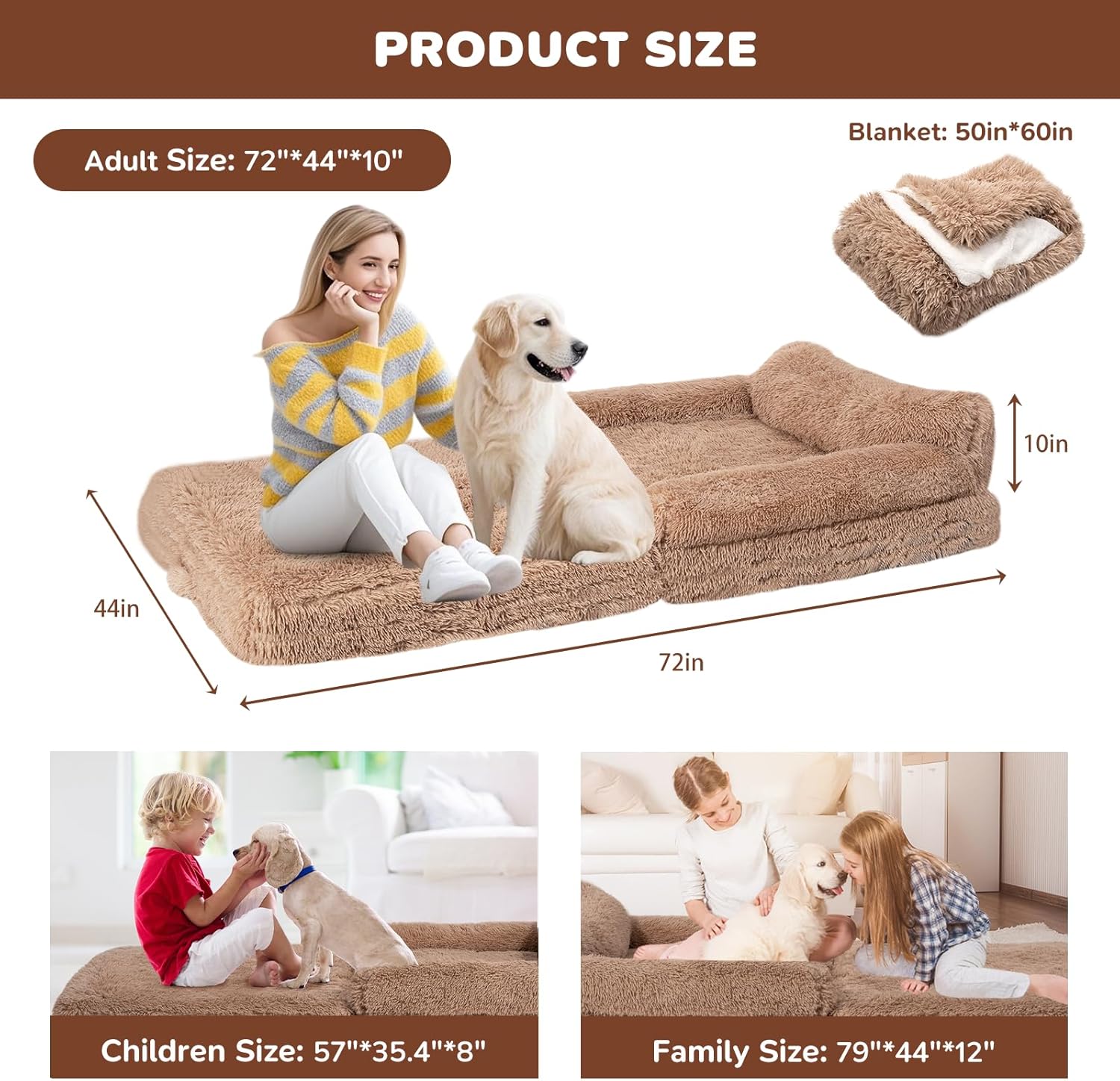 72" Foldable Human Dog Bed for Adults, Fluffy Faux Fur with Blanket, Orthopedic Washable Dog Bed with Memory Foam and Water Repellent Liner Extra Large Thick for Pet (Brown)