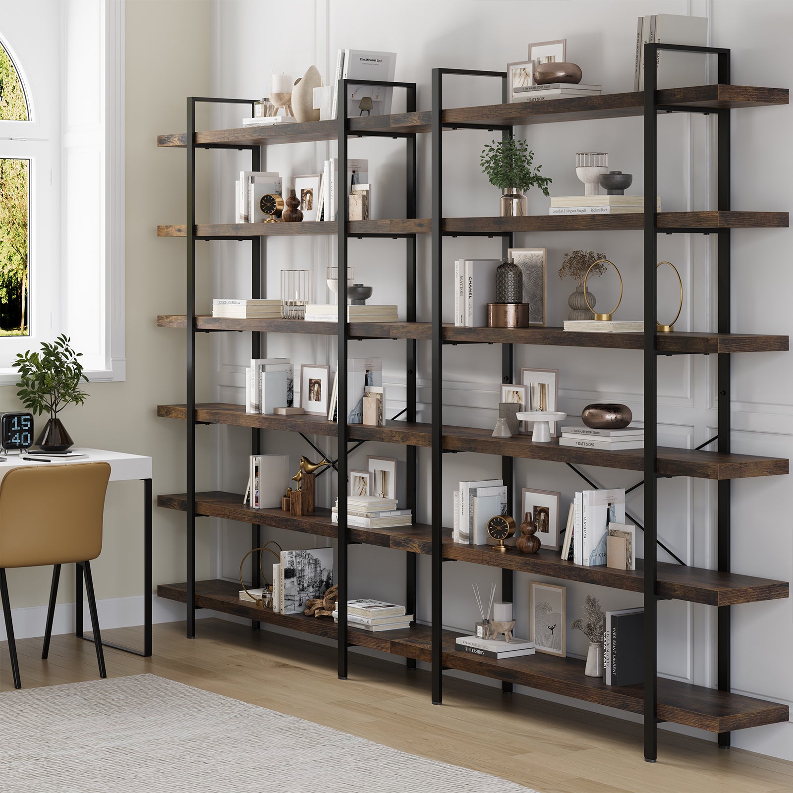 Heavy Duty 6-Tier Industrial Bookcase, 47" Wide Wood Bookshelf for Home Office, 120lbs Shelf Capacity, Rustic Open Shelving Display with Reinforced Horizontal Shelf for Living Room Bedroom