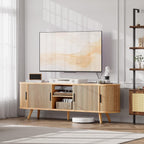 62" Fluted TV Stand, Mid Century Modern TV Stand for TVs up to 70", Entertainment Center with Storage, Sliding Doors, Adjustable Shelf, Wood Media Console for Living Room, Bedroom, Natural