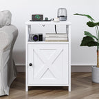 Farmhouse Nightstand with Charging Station and Barn Door, Bedside Table with Open Compartment and Storage, Side End Table for Bedroom, White