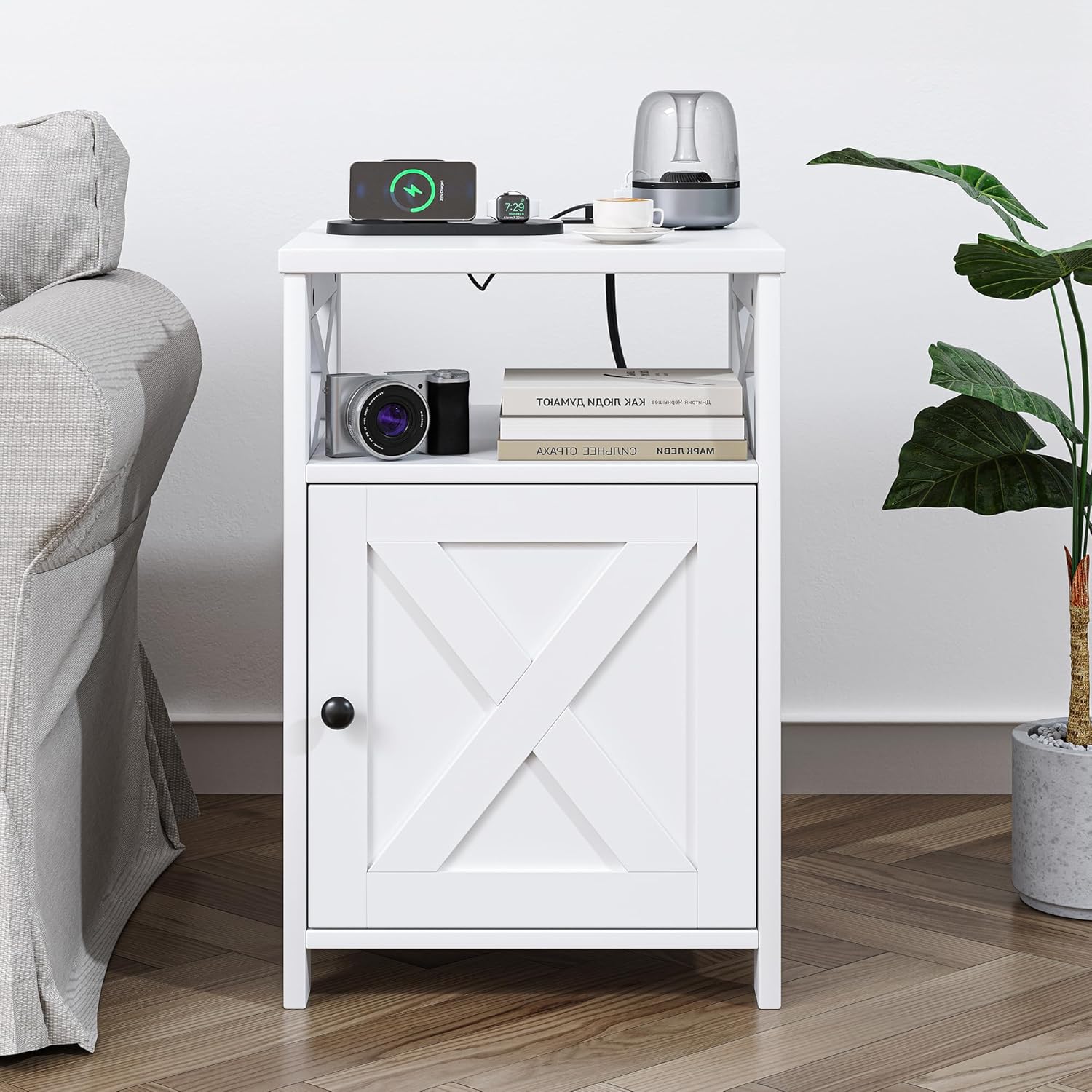 Farmhouse Nightstand with Charging Station and Barn Door, Bedside Table with Open Compartment and Storage, Side End Table for Bedroom, White