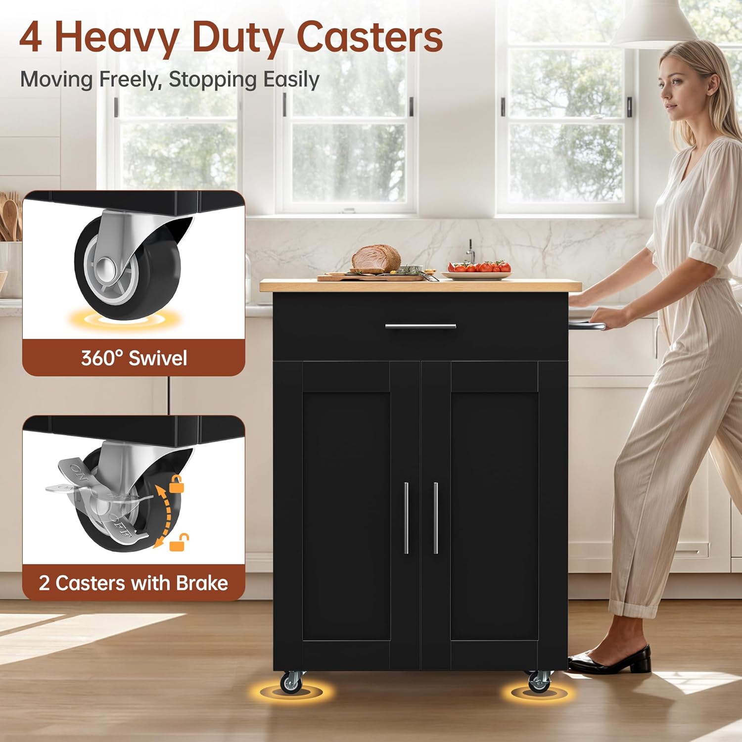 Kitchen Island Cart with Storage, Small Kitchen Island on Wheels with Large Drawer, Adjustable Shelf & Towel Rack, Rolling Island Table for Kitchen & Dining Room, Black