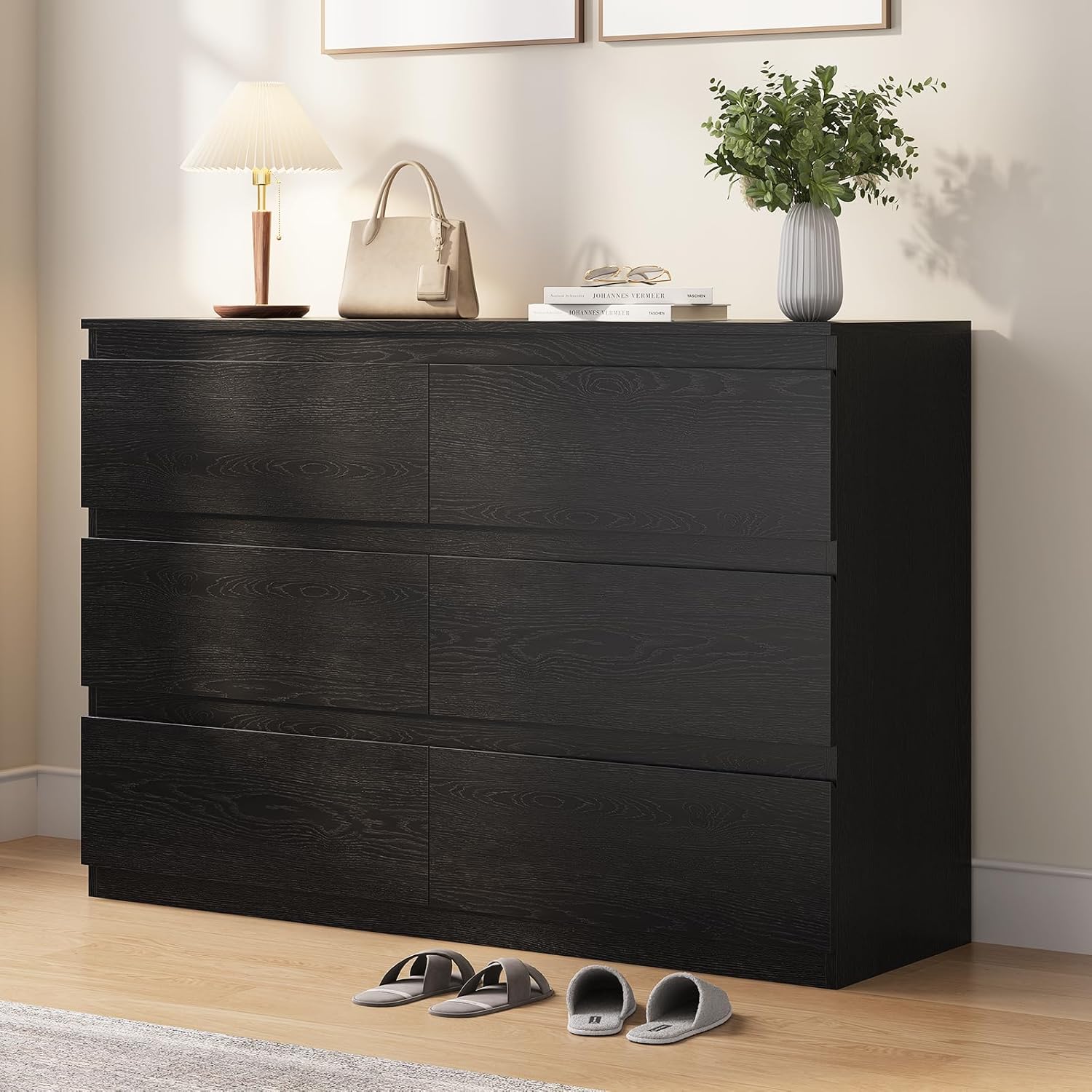 Black Wood Dresser, 6 Drawer Dressers for Clothes Storage for Bedroom, Modern Dresser with Wide Drawers, Wide Wooden Chest Drawers for Living Room|Entryway|TV Stand(47" W x15.4 Dx32.3 H)