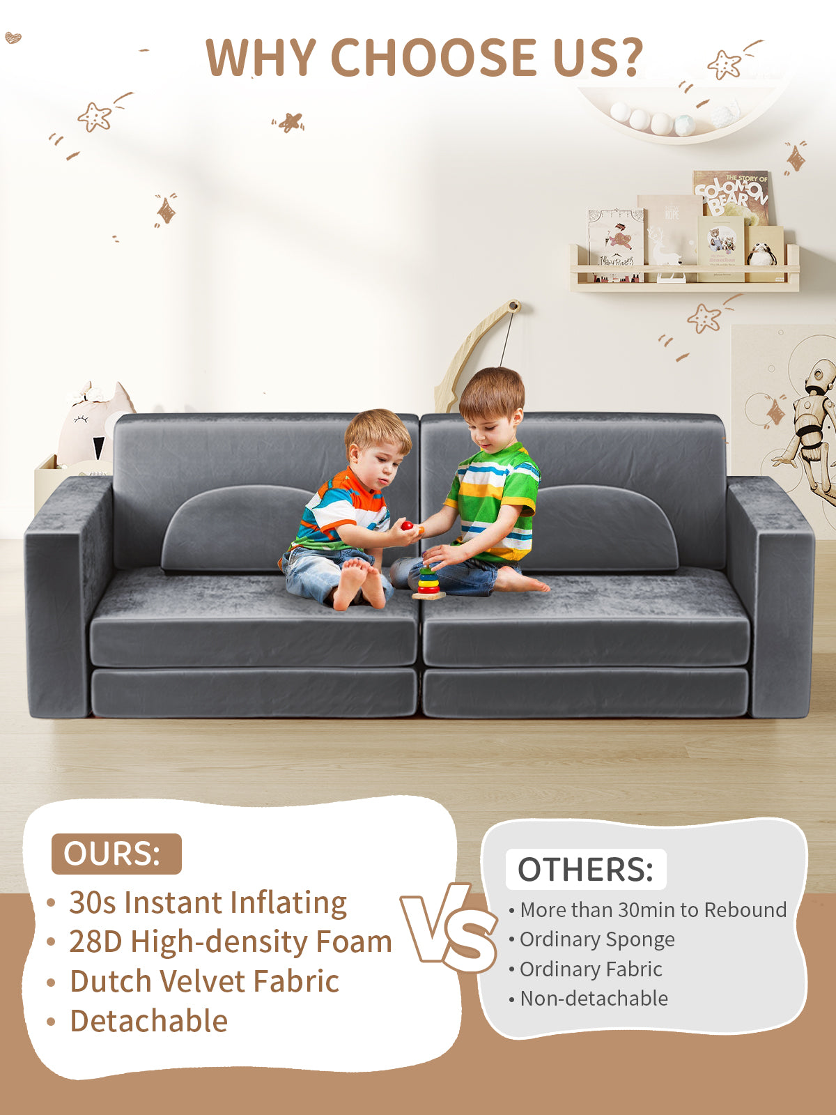 Modular Kids Play Couch, 10PCS Nugget Couch Kids for Boys and Girls, Child Sectional Sofa Versatile Kid Sofa for Playroom, Bedroom, Classroom, Grey
