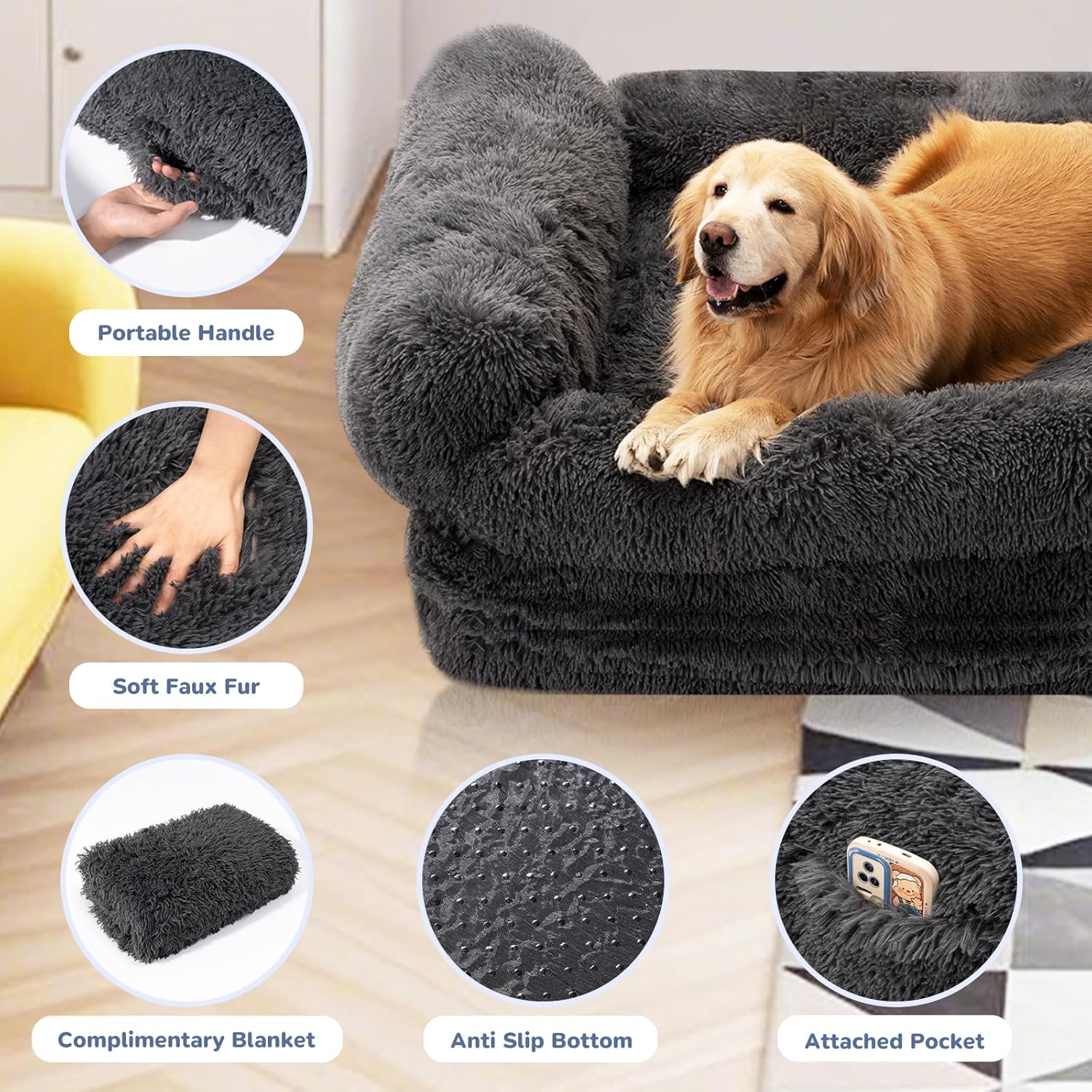 79" Foldable Human Dog Bed for Adults, Fluffy Faux Fur with Blanket, Orthopedic Washable Dog Bed with Memory Foam and Water Repellent Liner Extra Large Thick for Pet (Grey)
