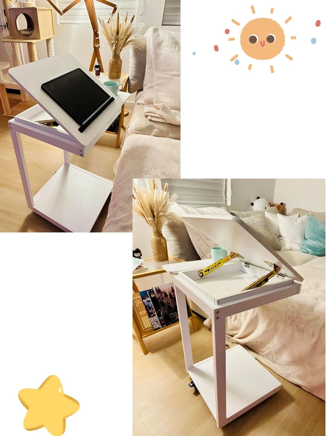 C Shaped End Table, Rolling Side Table with 4-Way Convertible Desktop, Wooden C Table with Multi-functional Folding Tray & Lockable Wheels, Side Table for Couch, Living Room, Bedroom,Walnut