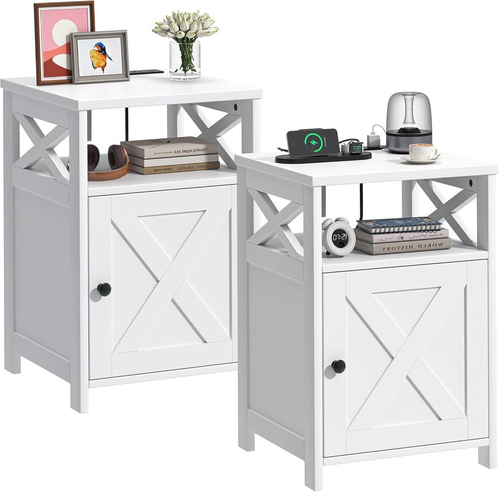 Farmhouse Nightstand with Charging Station and Barn Door, Bedside Table with Open Compartment and Storage, Side End Table for Bedroom, White