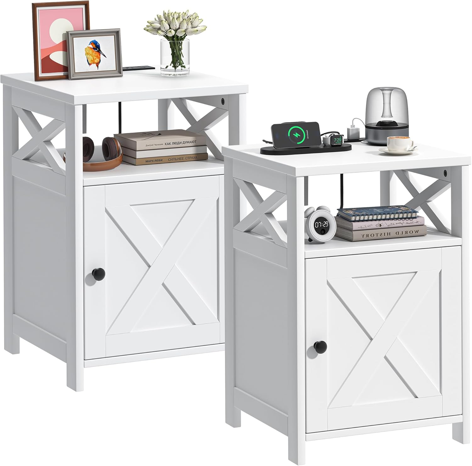 Farmhouse Nightstand with Charging Station and Barn Door, Bedside Table with Open Compartment and Storage, Side End Table for Bedroom, White