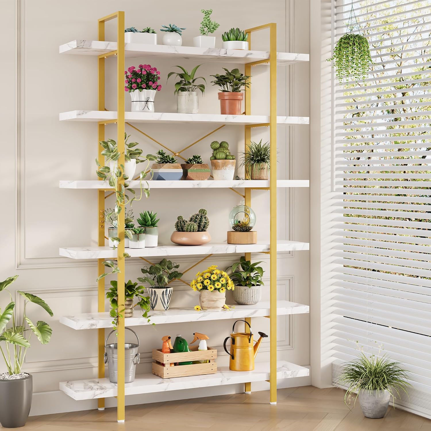 Heavy Duty 6-Tier Industrial Bookcase, 47" Wide Wood Bookshelf for Home Office, 120lbs Shelf Capacity, Open Shelving Display with Reinforced Horizontal Shelf for Living Room Bedroom, White