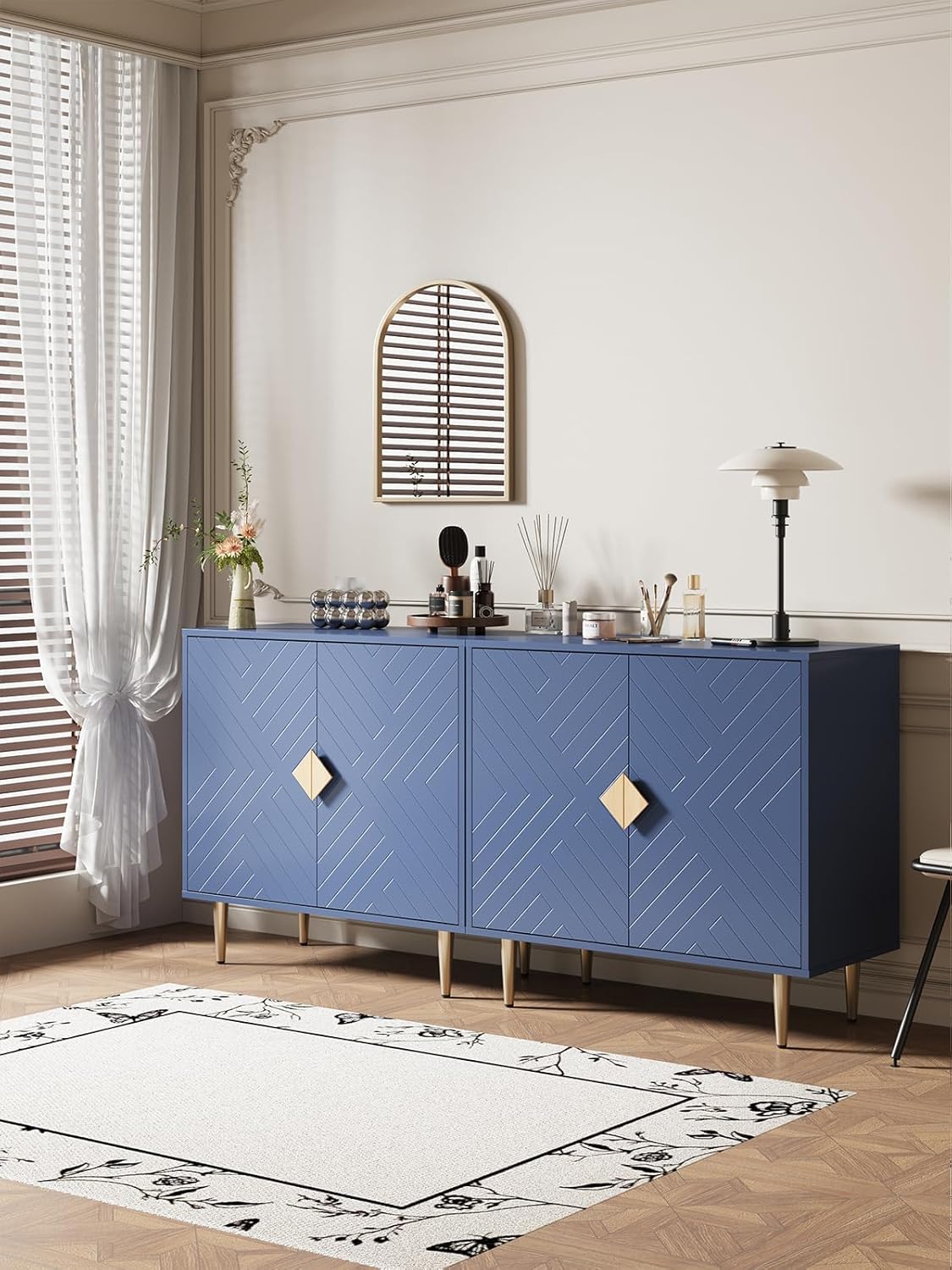 Sideboard Cabinet, 63'' Modern Buffet Cabinet with Storage Set of 2, Credenza with 4 Doors and Adjustable Shelves, Sideboard for Living Room, Kitchen and Entryway, Blue