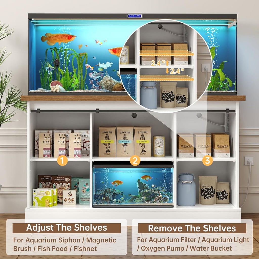 55-75 Gallon Fish Tank Stand with Sliding Barn Doors & Power Outlet, Heavy Duty Aquarium Stand with Cabinet Storage for Fish Tank, Turtle Tank, Reptile Terrarium, 1000LBS Capacity, White