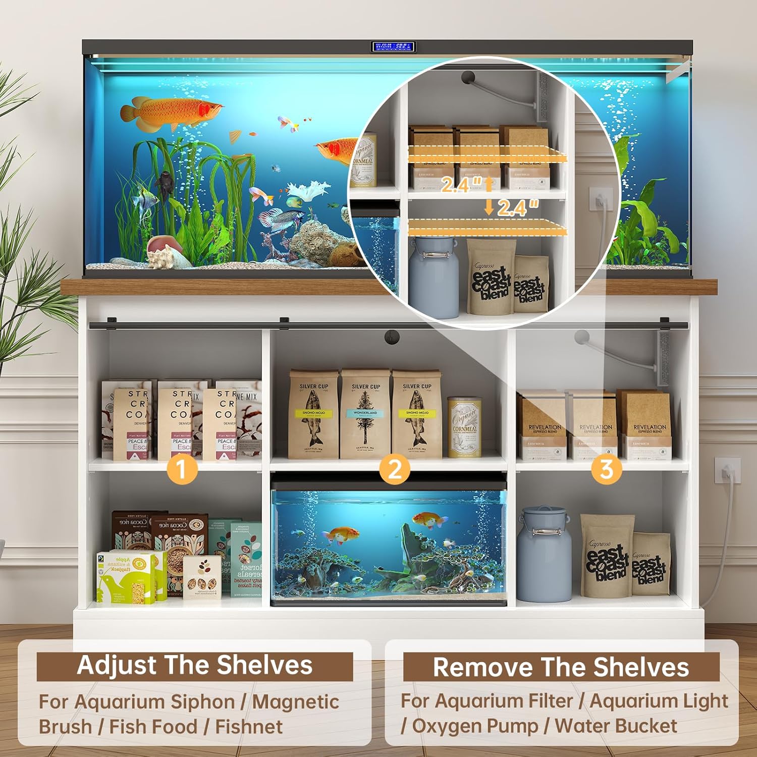 55-75 Gallon Fish Tank Stand with Sliding Barn Doors & Power Outlet, Heavy Duty Aquarium Stand with Cabinet Storage for Fish Tank, Turtle Tank, Reptile Terrarium, 1000LBS Capacity, White