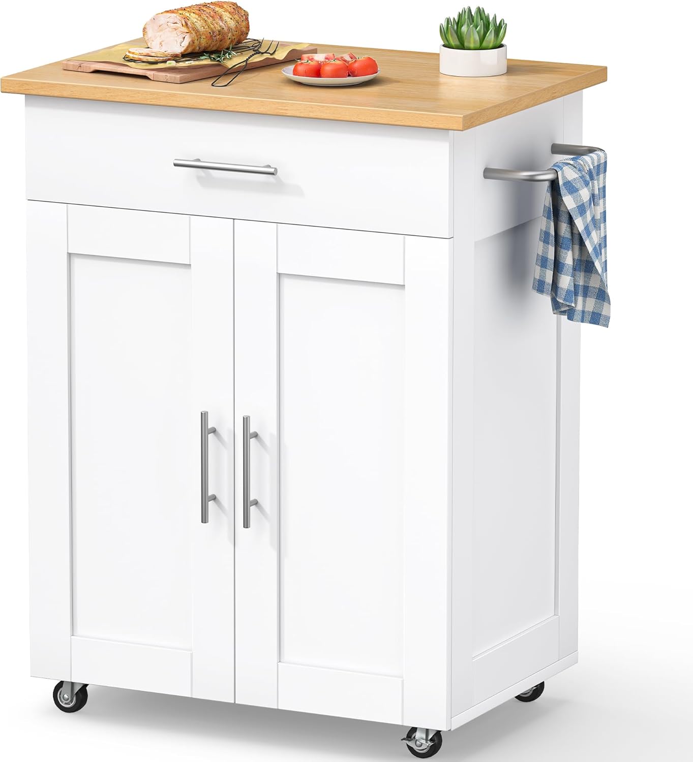 Kitchen Island Cart with Storage, Small Kitchen Island on Wheels with Large Drawer, Adjustable Shelf & Towel Rack, Rolling Island Table for Kitchen & Dining Room, White