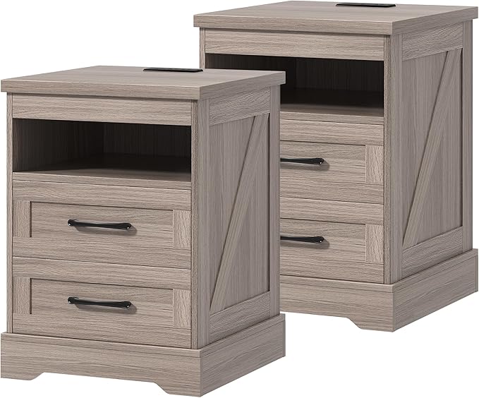Farmhouse Nightstand with LED Lights and Built-in Power Outlets & USB Ports, Bedside Table with 2 Drawers and Open Storage Shelf, End Table for Bedroom, Grey