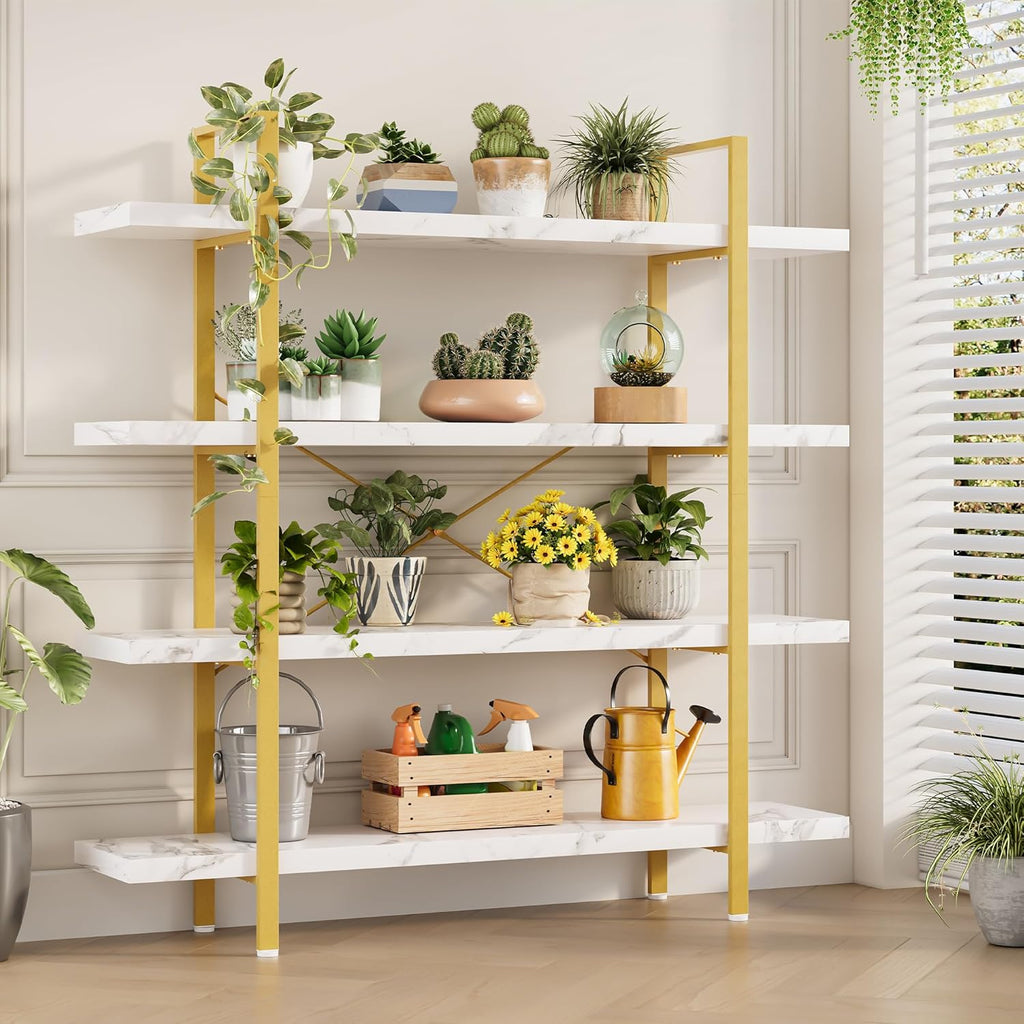 Heavy Duty 4-Tier Industrial Bookcase, 47" Wide Wood Bookshelf for Home Office, 120lbs Shelf Capacity, Shelving Display with Reinforced Horizontal Shelf for Living Room Bedroom,White