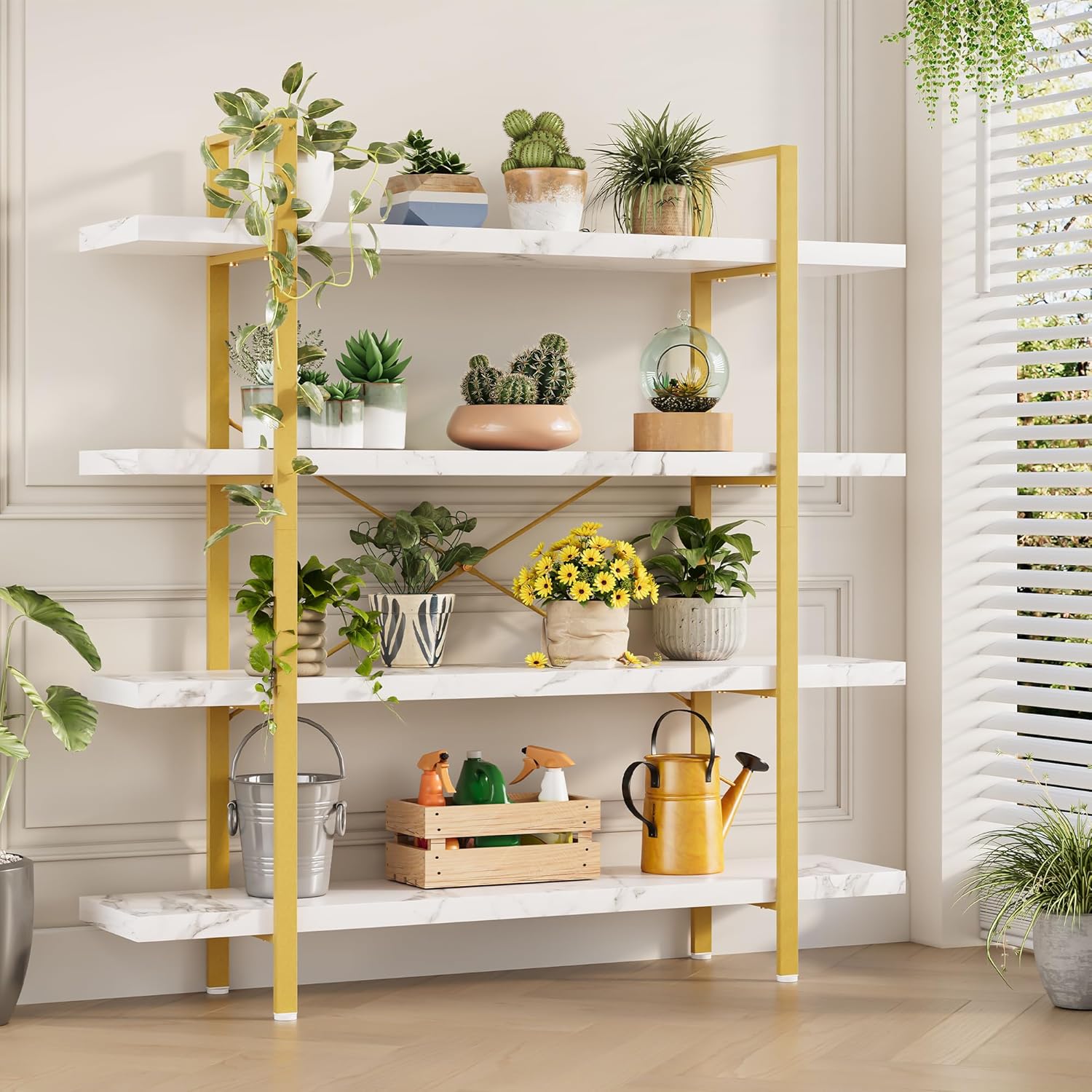 Heavy Duty 4-Tier Industrial Bookcase, 47" Wide Wood Bookshelf for Home Office, 120lbs Shelf Capacity, Shelving Display with Reinforced Horizontal Shelf for Living Room Bedroom,White