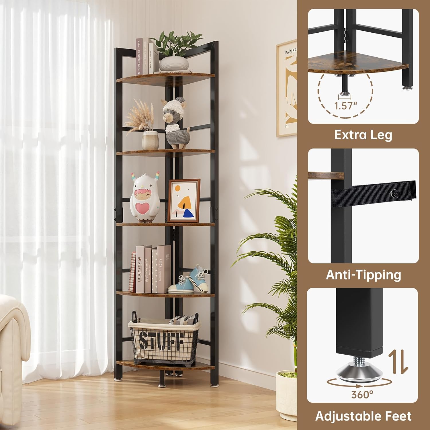 5-Tier Corner Shelf Stand with LED Light, 70 Inch Tall Display Shelf for Living Room, Bedroom, Bookshelf, Industrial Shelf with Steel Frame, Plant Shelf (Brown)