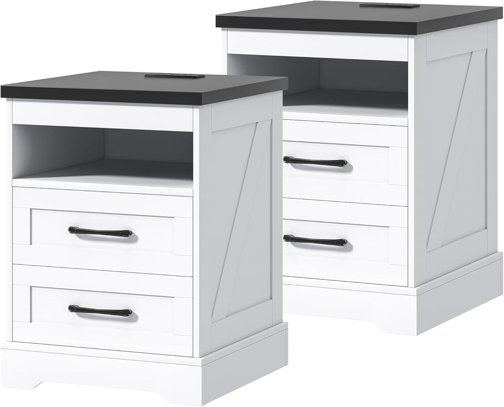 Farmhouse Nightstand with LED Lights and Built-in Power Outlets & USB Ports, Bedside Table with 2 Drawers and Open Storage Shelf, End Table for Bedroom, White