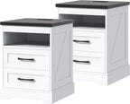 Farmhouse Nightstand with LED Lights and Built-in Power Outlets & USB Ports, Bedside Table with 2 Drawers and Open Storage Shelf, End Table for Bedroom, White
