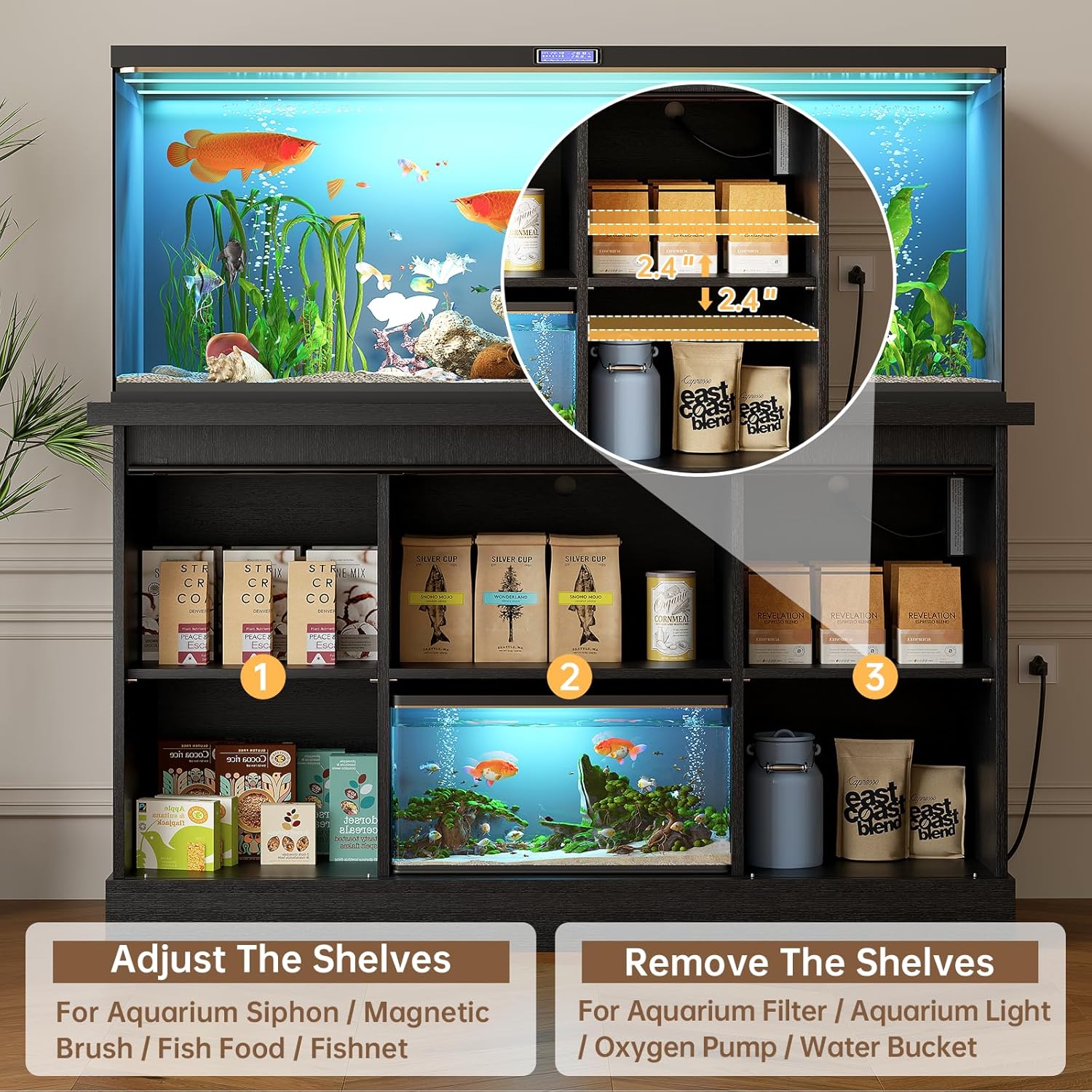 55-75 Gallon Fish Tank Stand with Sliding Barn Doors & Power Outlet, Heavy Duty Aquarium Stand with Cabinet Storage for Fish Tank, Turtle Tank, Reptile Terrarium, 1000LBS Capacity, Black